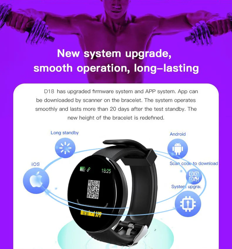 D18 119 Plus Smartwatch para Homens e Mulheres, Bluetooth, Pressão Arterial, Rastreador Esportivo, Smartband, iOS, Android