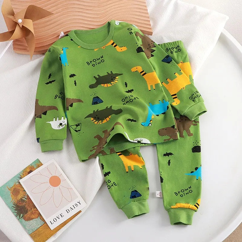 Dinossauro dos desenhos animados pijamas para crianças, top e calça, roupas íntimas de algodão para crianças, roupas de bebê para meninos e meninas, outono e inverno