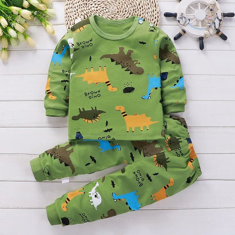 Dinossauro dos desenhos animados pijamas para crianças, top e calça, roupas íntimas de algodão para crianças, roupas de bebê para meninos e meninas, outono e inverno