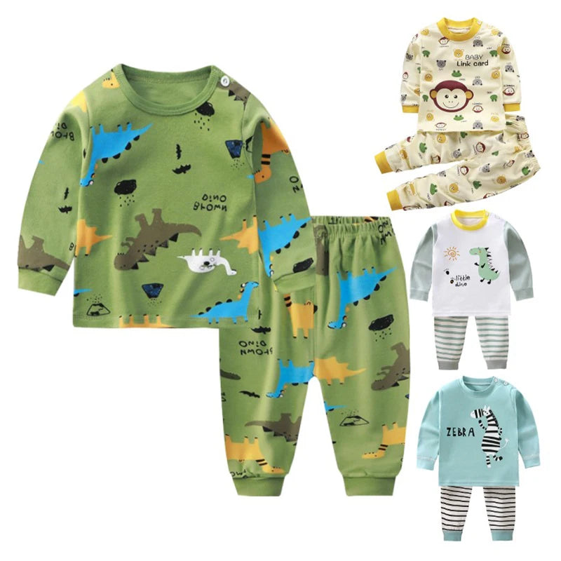 Dinossauro dos desenhos animados pijamas para crianças, top e calça, roupas íntimas de algodão para crianças, roupas de bebê para meninos e meninas, outono e inverno